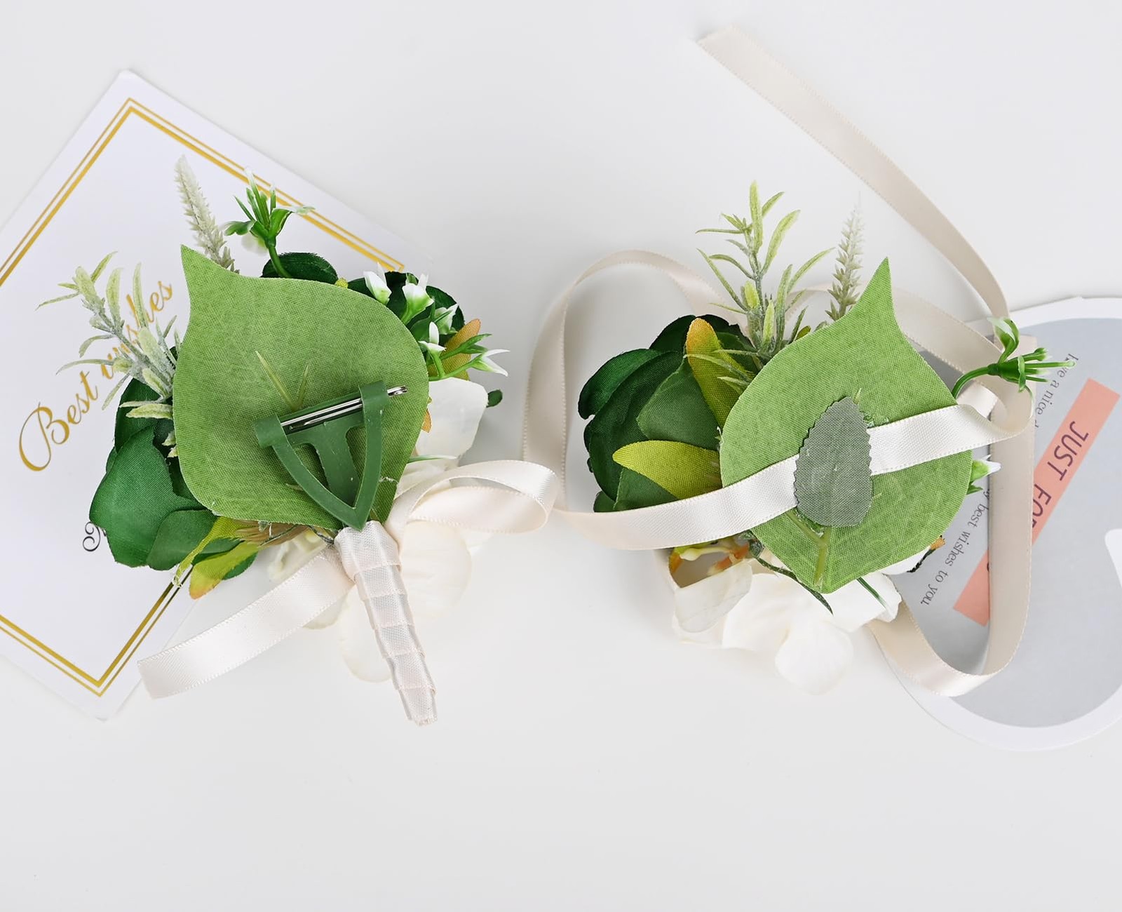 2 PCS Dark Green Wrist Corsage Boutonniere Set Artificial Flowers Prom Suit