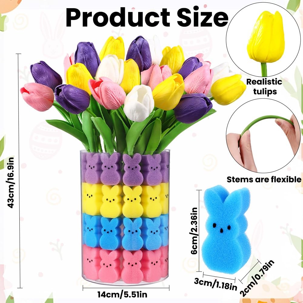 15 PCS Artificial Tulips 48 PCS Sponge Bunny Easter Vase Filler Set
