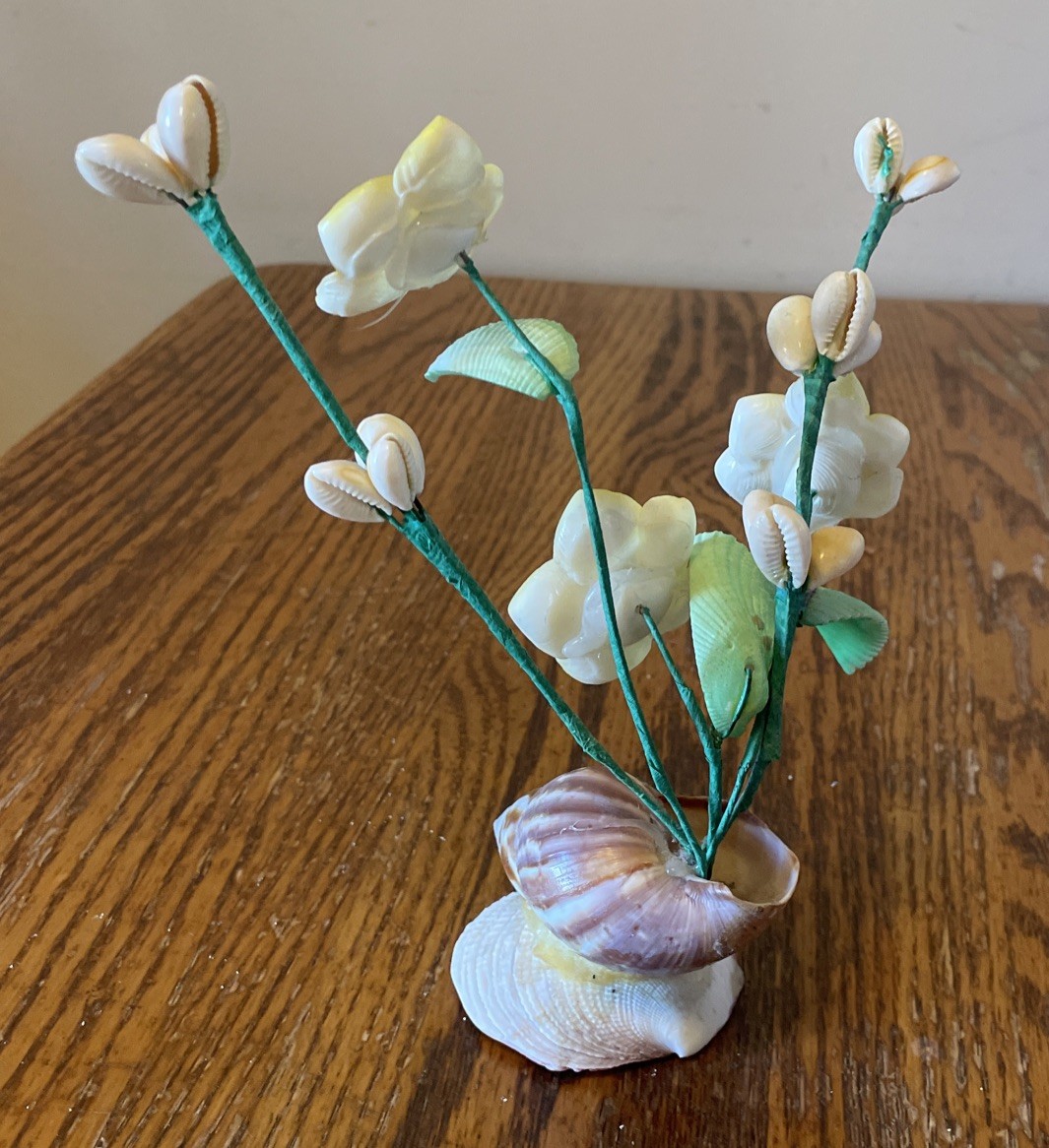 Vintage Handmade Sea Shell Bouquet of Yellow Flowers Floral Arrangement Kitsch
