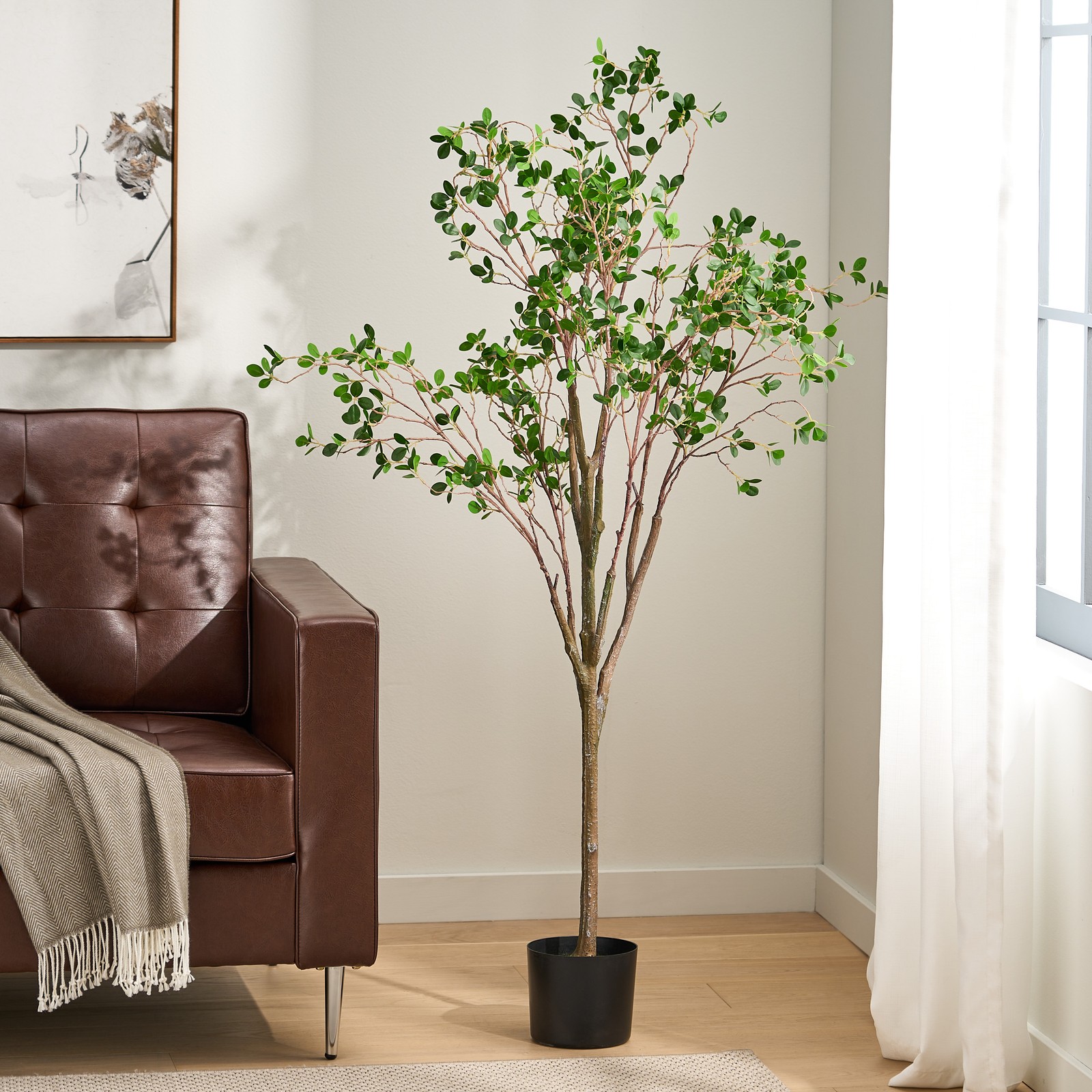 Artificial Leaf Tree 59 Inch Pre-Potted Realistic Faux Plant Indoor Decor
