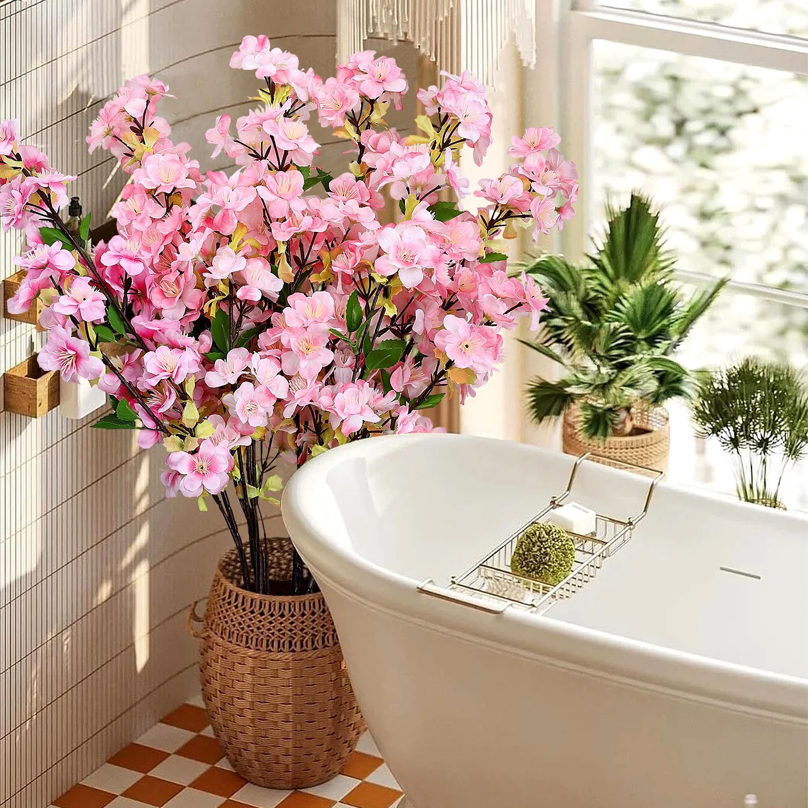 6Pcs Pink Artificial Cherry Blossom Branches for Home Decor 27’’ Faux Silk Lo…