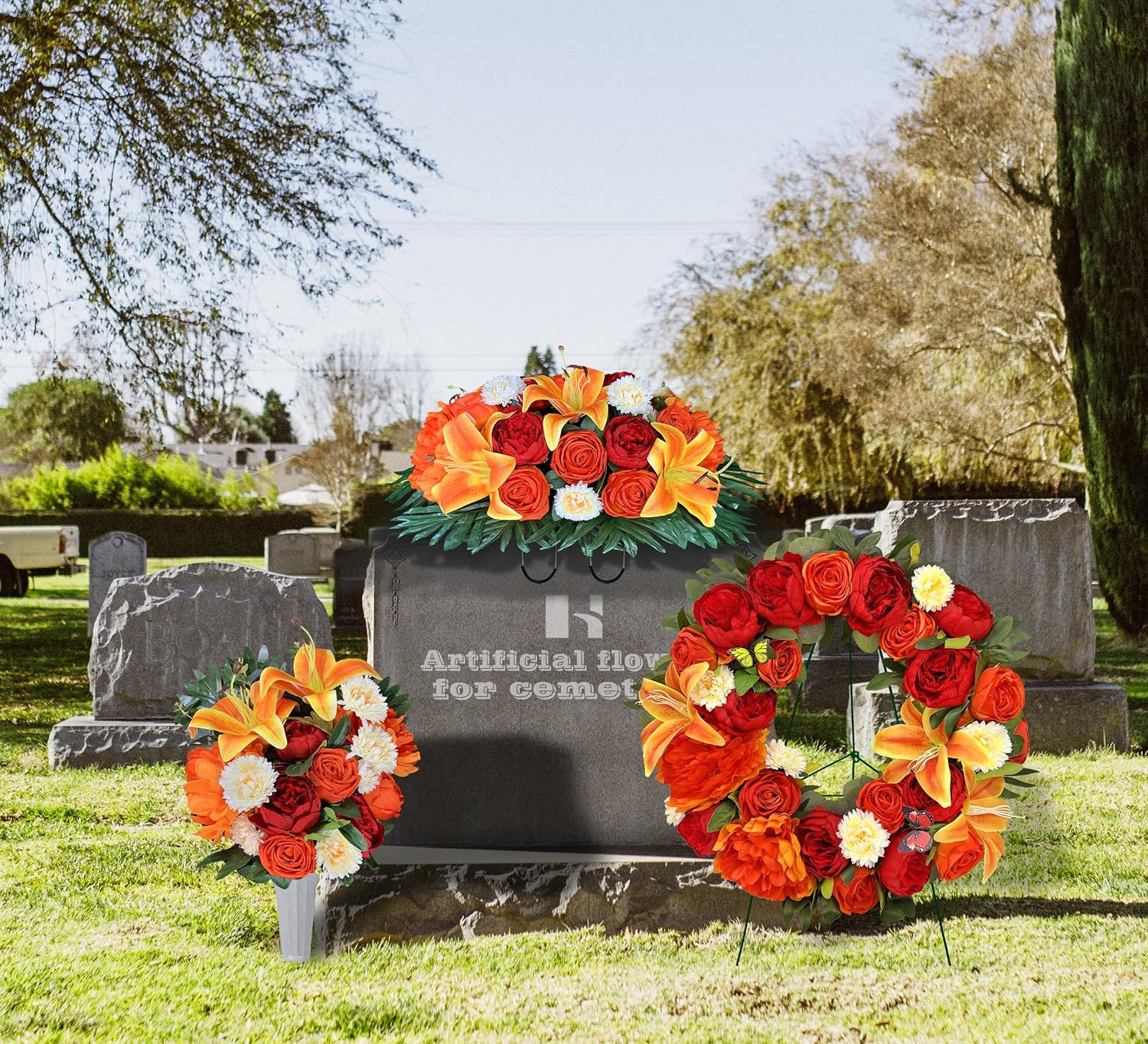 Elegant Artificial Cemetery Flower Arrangement with Vase for Headstone