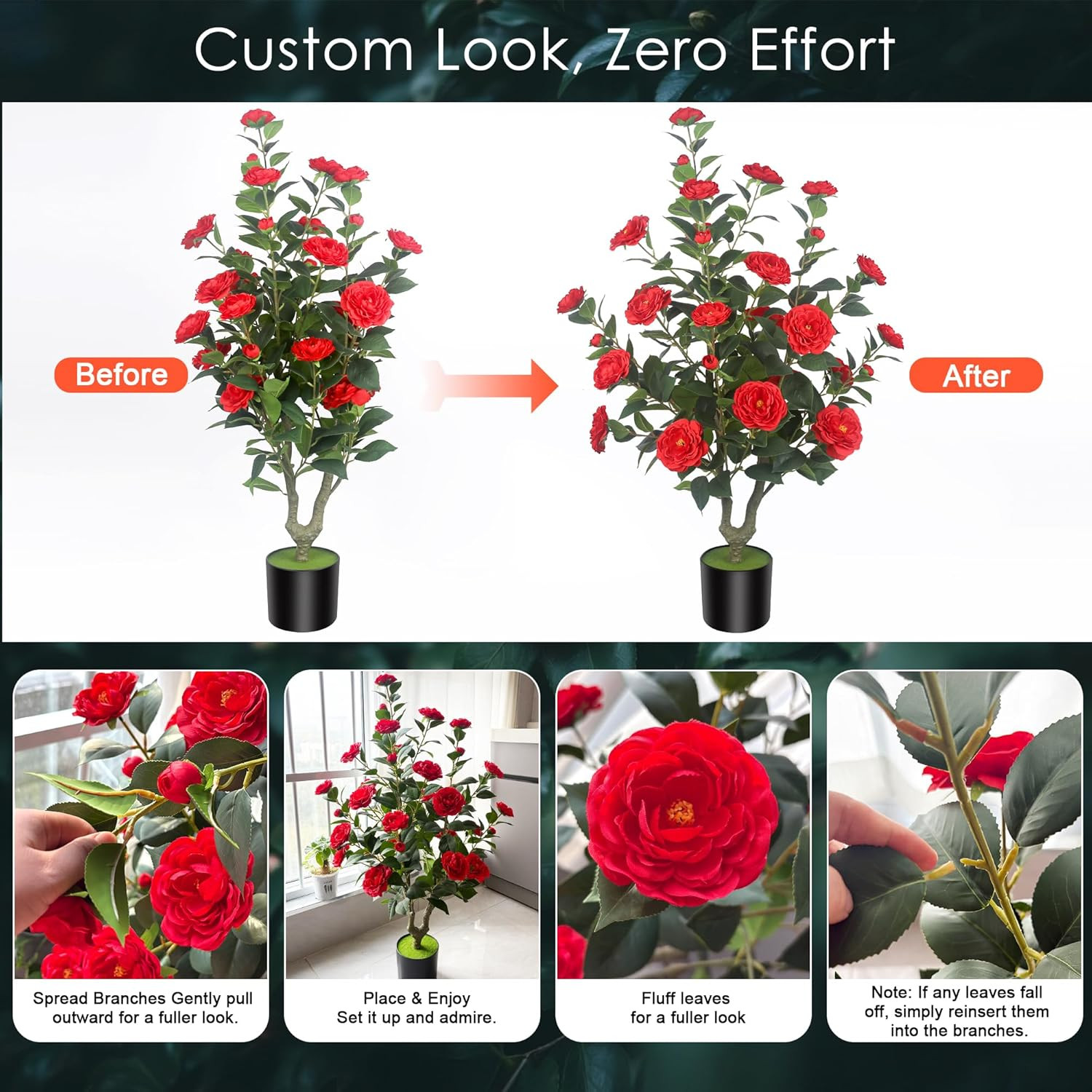 2Pack 39.37″ Red Artificial Camellia Trees in Cement Pots – Lifelike Decor