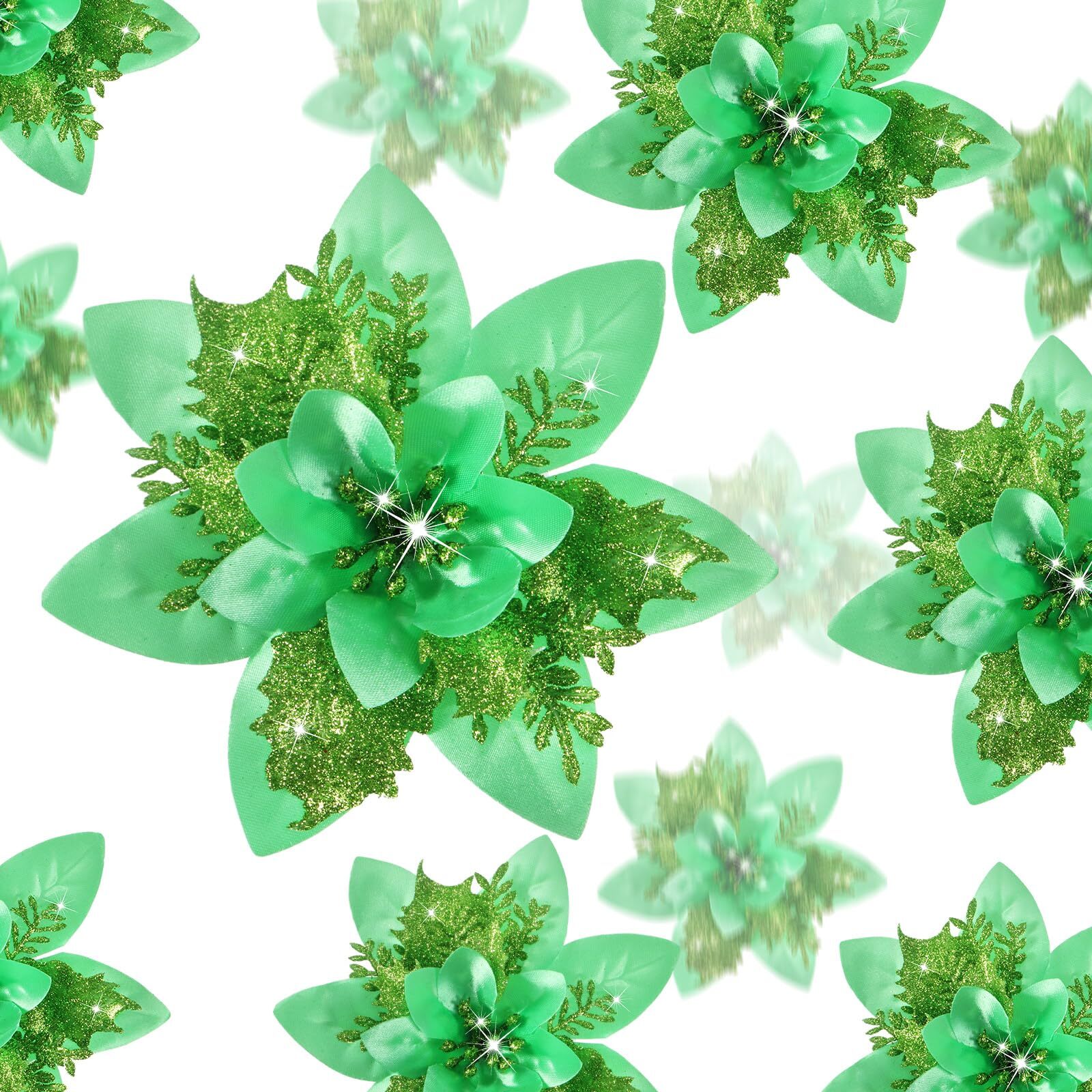 36 Pcs Emerald Green Poinsettias Glitter Christmas Flowers 6″ 4″ 3″ Clips