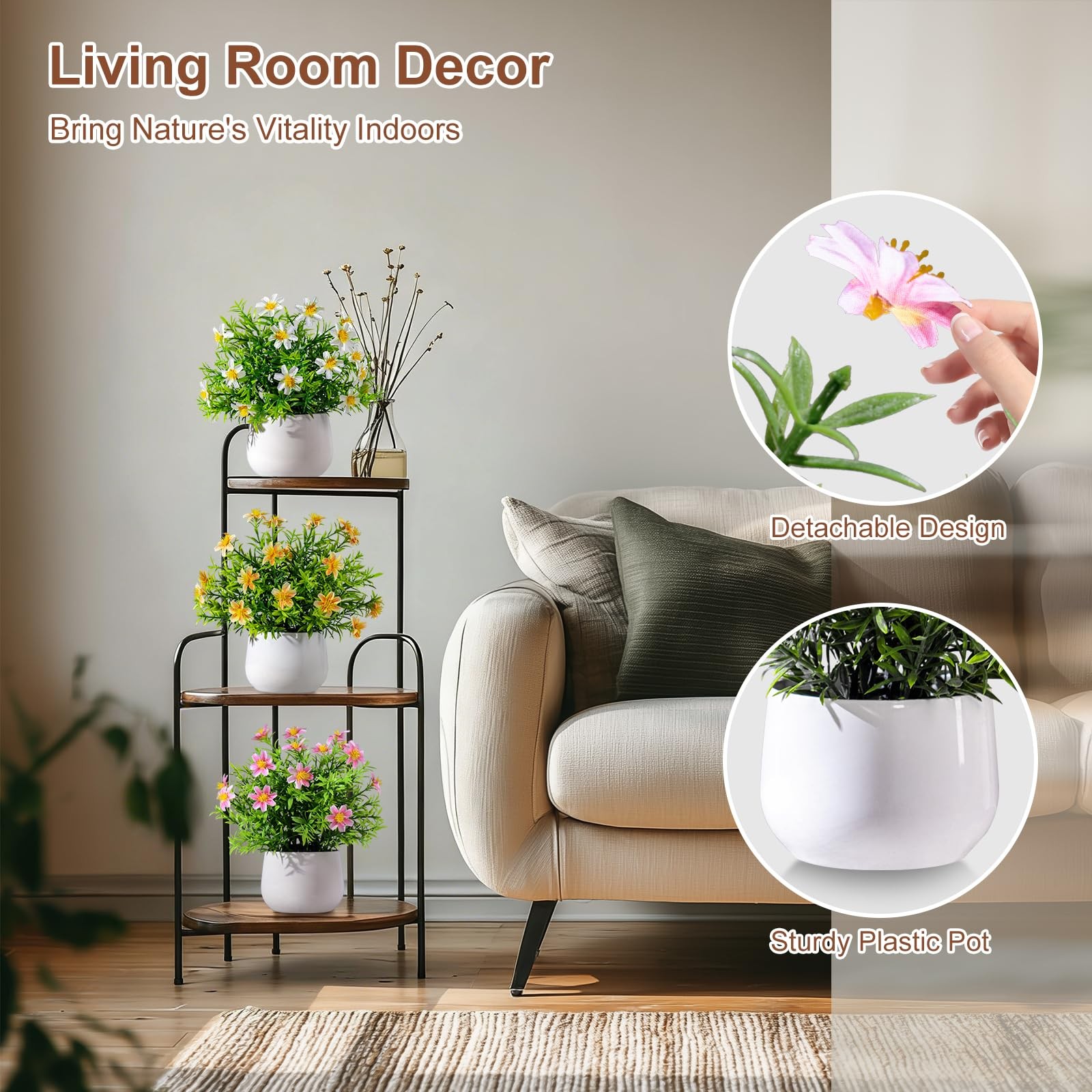 3 PCS Small Fake Potted Flowers White Pink Yellow Mini Greenery Decor
