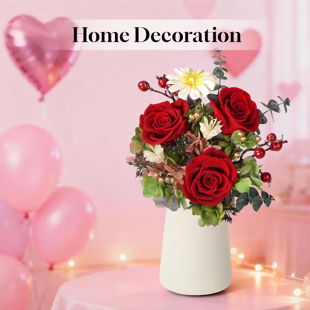 13 In. Red Artificial Everlasting Rose Bouquet-Includes Gift Box and Greeting Ca