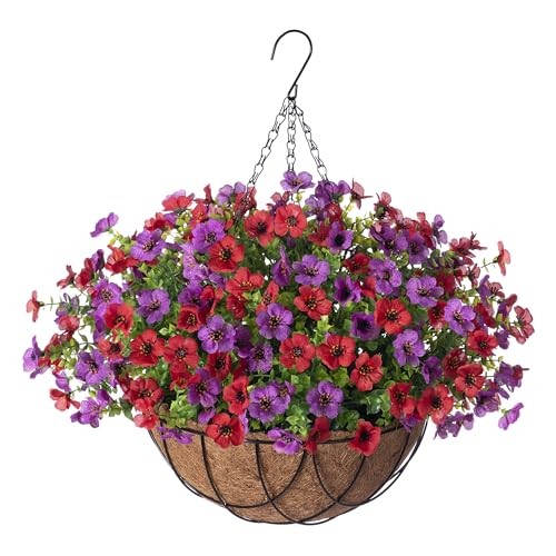 Artificial Silk Flowers Hanging Basket for Outdoor Indoor, Daisy Reddish Purple