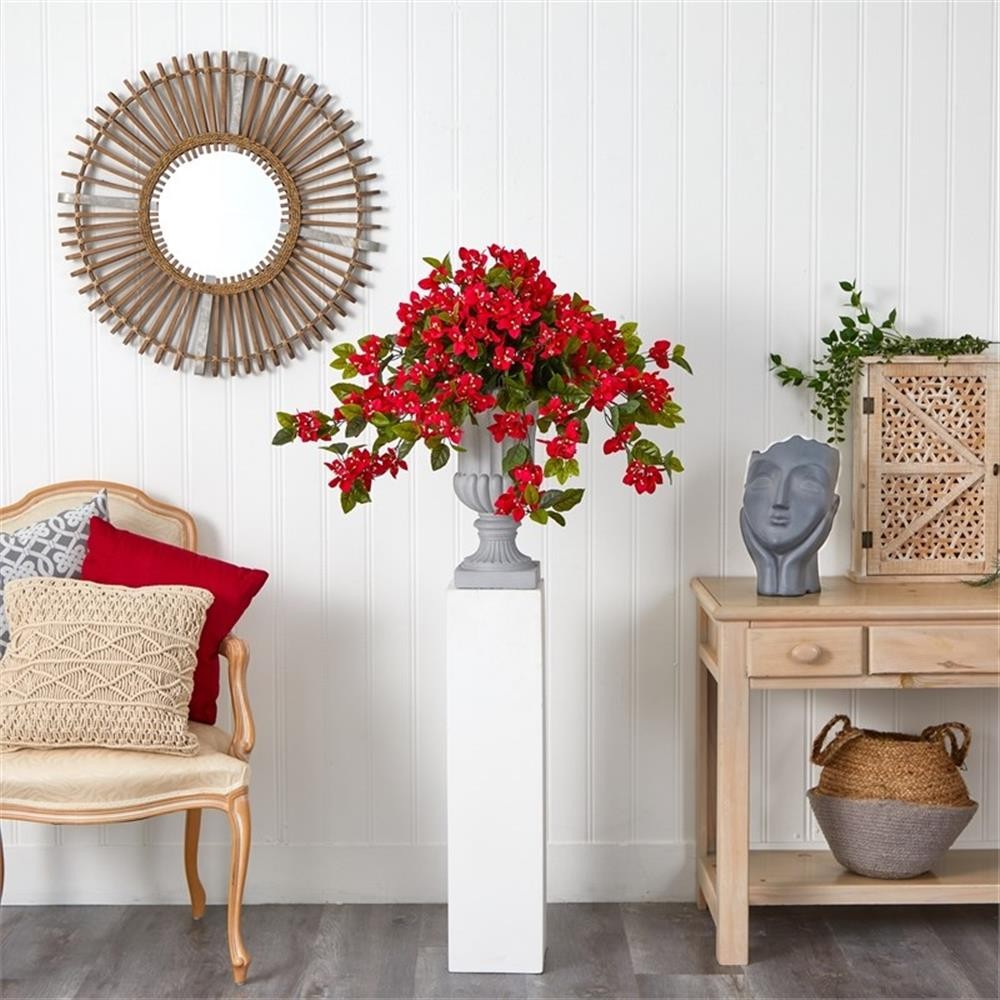 Pemberly Row Bougainvillea Flowering Silk Plant with Decorative Urn – Red/Gray
