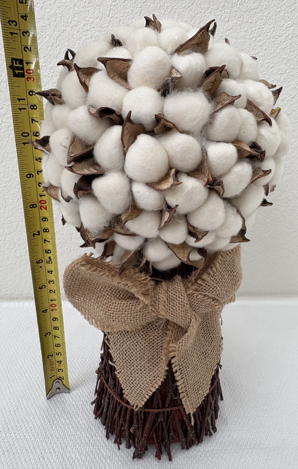 Cotton Stalk Bouquet Combined with Burlap Ribbon, Home Decor 13″x7″ (5″ at base)