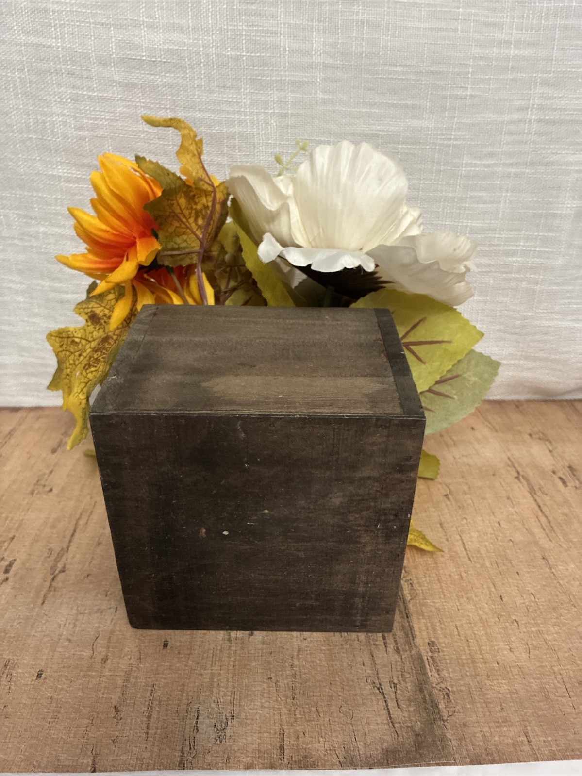 Faux Floral Arrangement In Wood Box Multicolor White, Yellow, Orange 5” Box 9”T