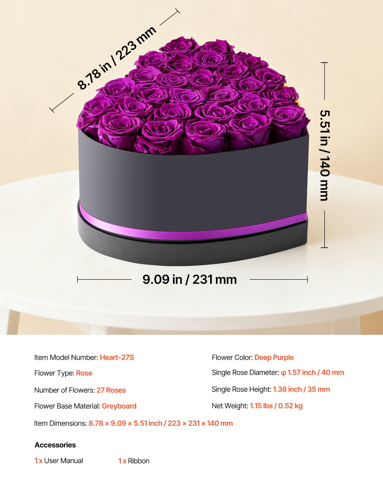 VEVOR Forever Flowers 27 Preserved Roses Heart Box Eternal Bouquet Purple