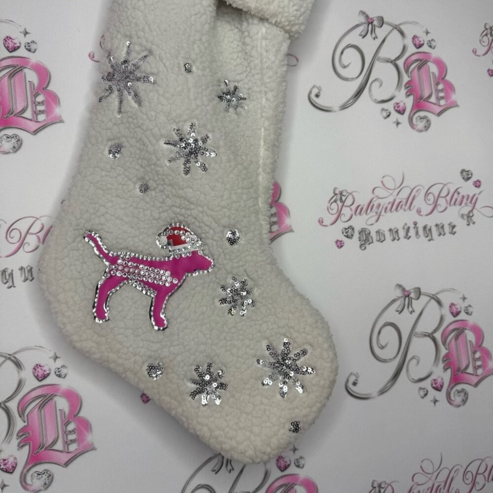 Victoria secret pink stocking Christmas Sherpa 2019 bling diamonds dog rare Xmas