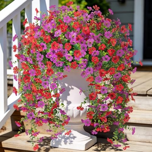 Fake Artificial Hanging Flowers for Outdoors Decoration, 2 PCS Faux Red Purple