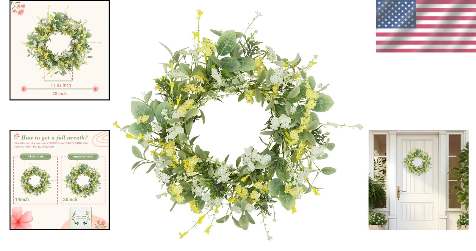 Spring Summer Wreath for Front Door 20 Inch Artificial Floral Daisy Eucalyptu…