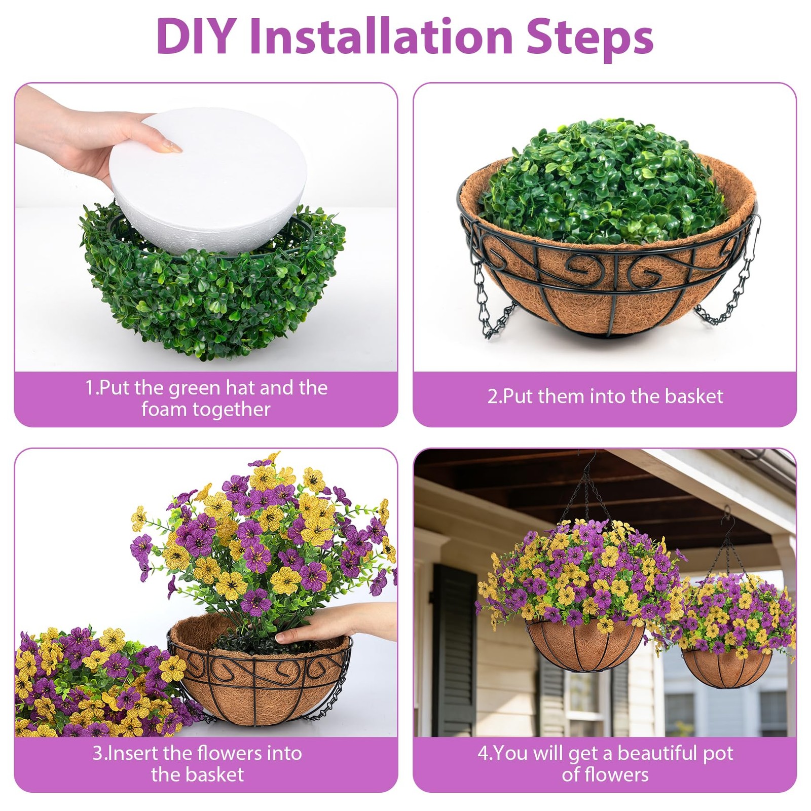 Artificial Fake Hanging Flowers Plants Basket Outdoors, Faux Silk UV Resistan…