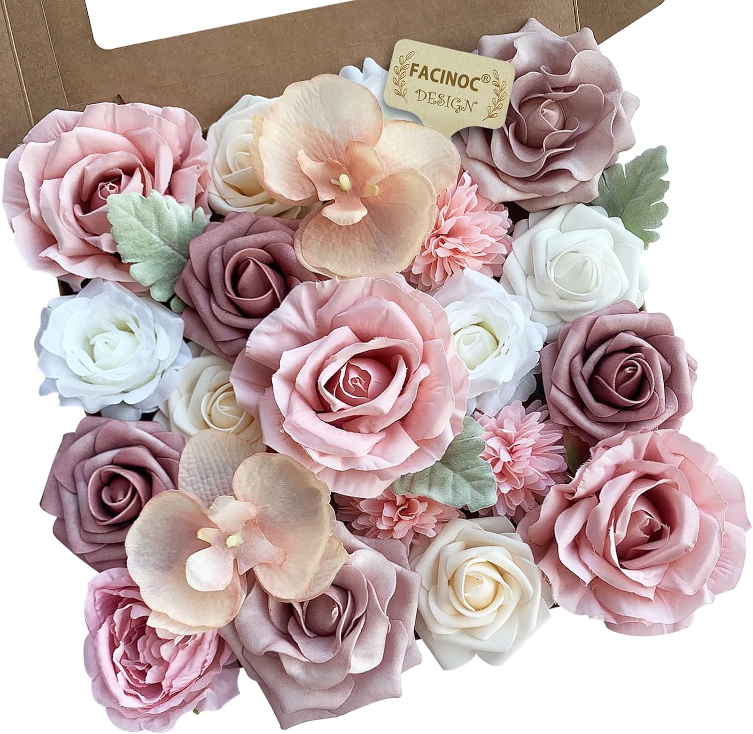 19 Pcs Dusty Blush Pink Roses, Artificial Bouquet Box Set DIY Bridal
