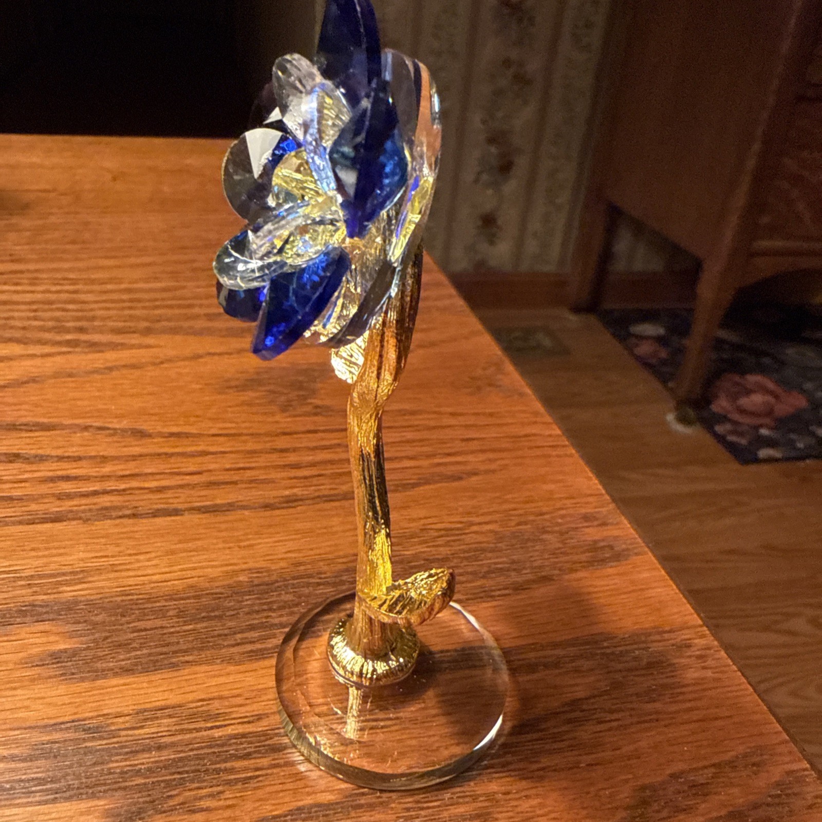 Unique Blue Crystal Plum Blossom Flower With Gold Leaves Figurine