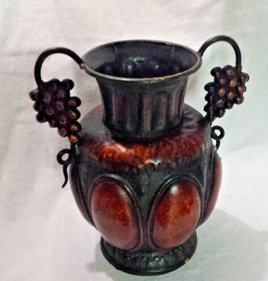 Metal Ornate Vase 13.75″ w/ Artificial Floral Sprigs Heavy Decorative Container