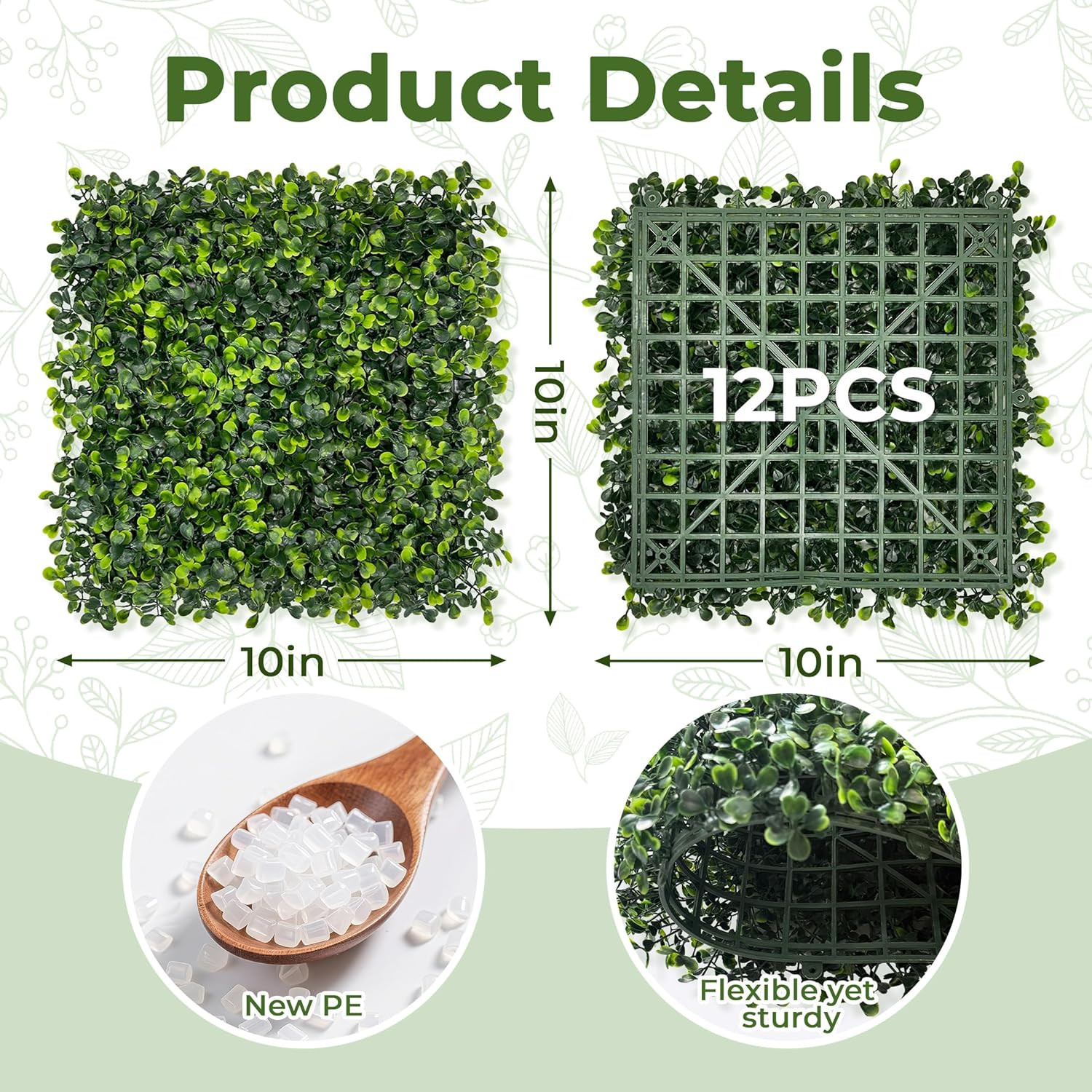 Artificial Grass Wall Panel Screen: 10″X10″ 12P (8.4 Sqft) Uv-Anti Faux Boxwood