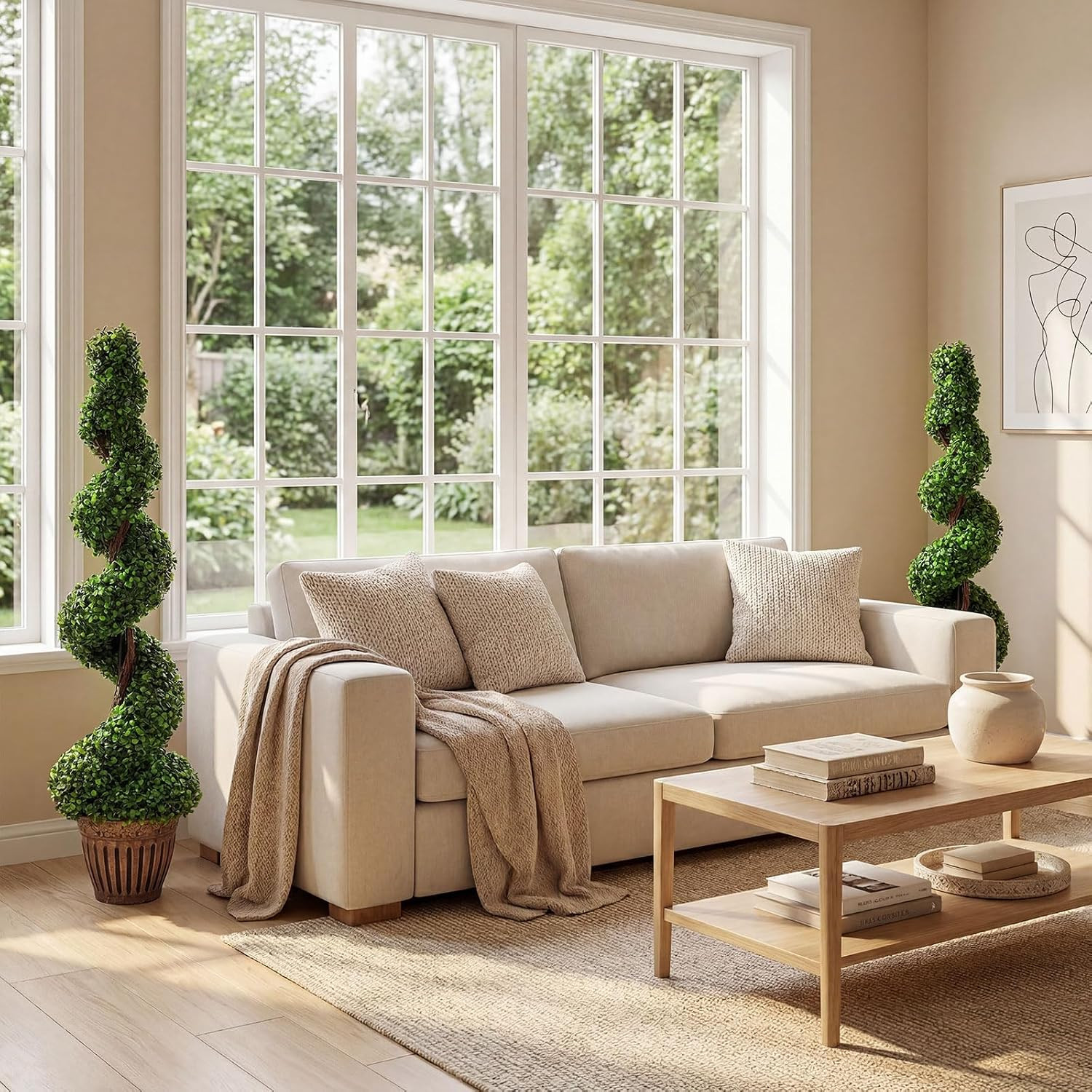 4 Ft Artificial Boxwood Spiral Topiary Tree, Fake Greenery Plants, Leaves & Ceme