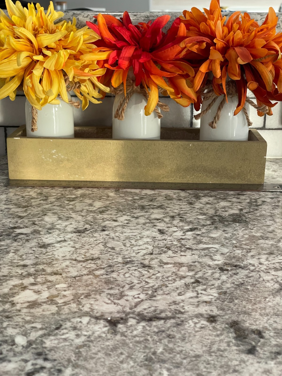 Fall Farmhouse Center Piece, Artificial Flowers, White Glass, Wood Box, 7″ x 12″