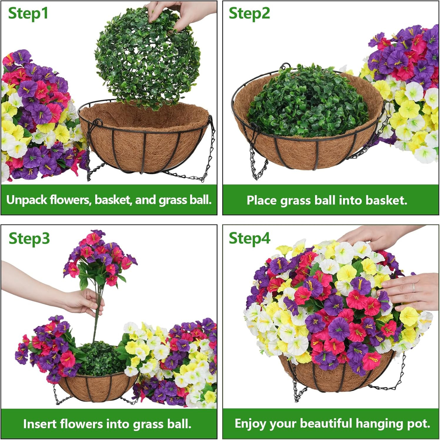 2 Set Artificial Hanging Flowers with Basket for Outdoor Spring Summer Decor – R
