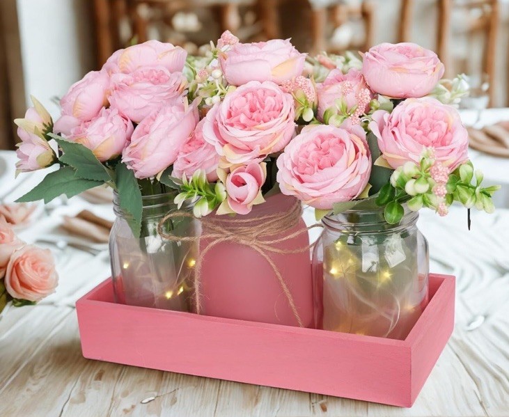 Rustic Pink Mason Jar Centerpiece with Faux Peony Flowers Floral Decor for Home