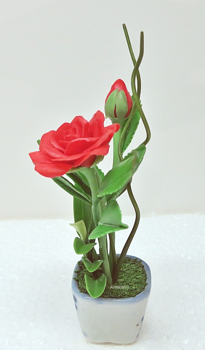 Us Stock 4’H Miniature Red Rose Polymer-Clay Flower Handmade Arranged-Potted