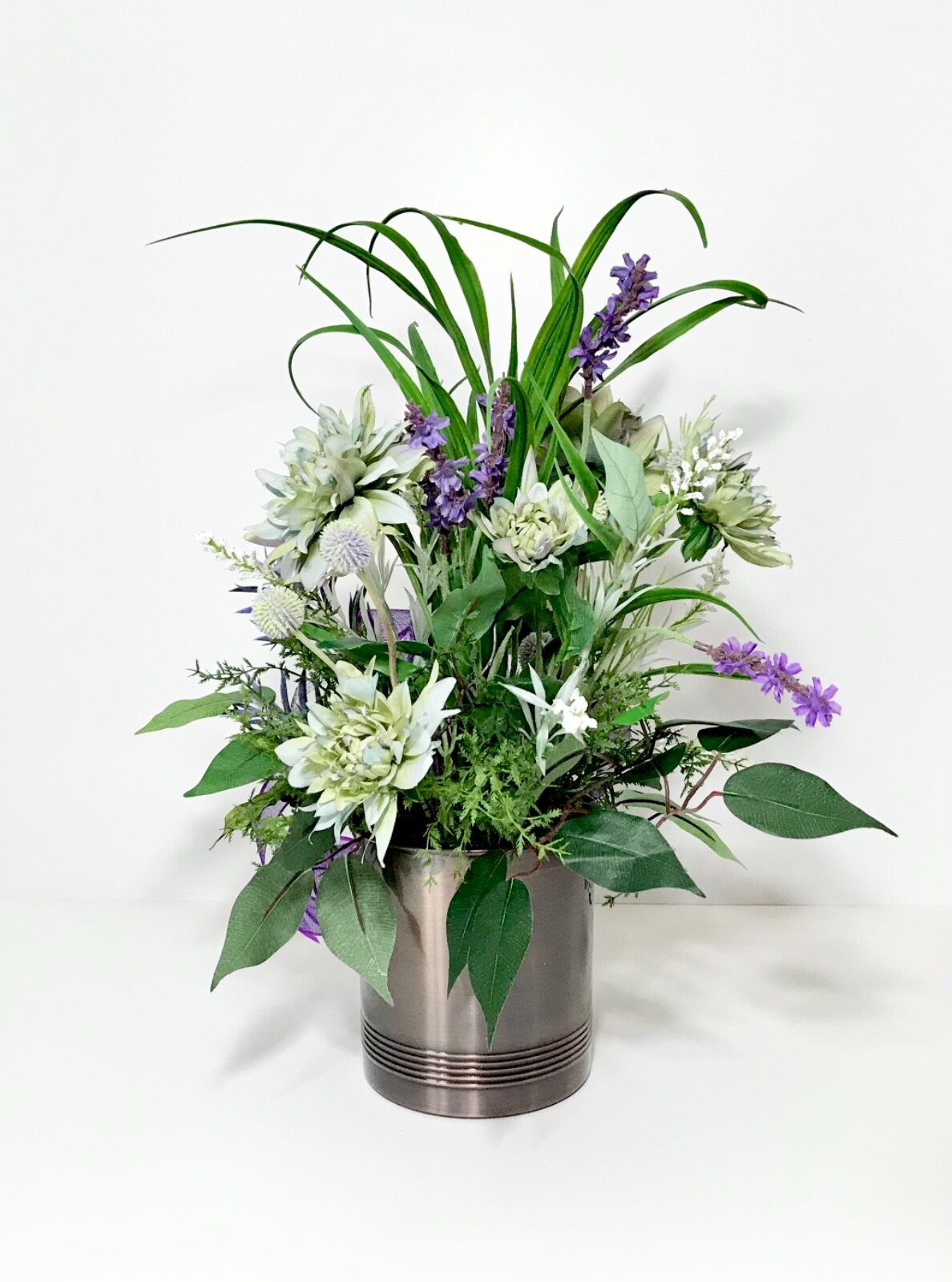 LARGE PURPLE GREEN FLORAL SPRING ARRANGEMENT BRONZE METAL CONTAINER CENTERPIECE