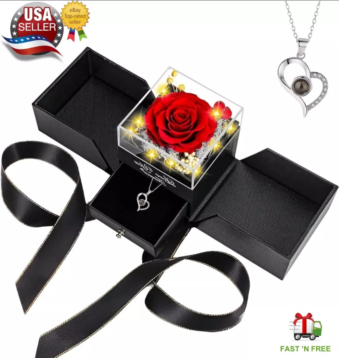 Real Preserved Red Rose with Necklace Auto LED Light Fathers day Gift For him!
