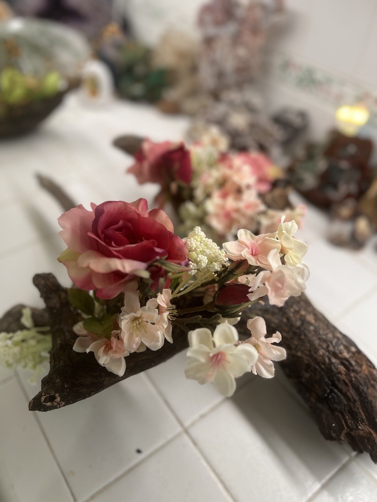 ORIGINAL FLORAL DESIGN WOOD BASE, ROSES, PEACH BLOSSOMS MOSSES BABY BREATH