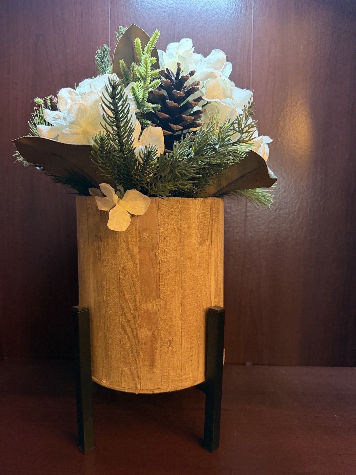 Artificial Pine Plant With White Flowers And Pinecones In Stand
