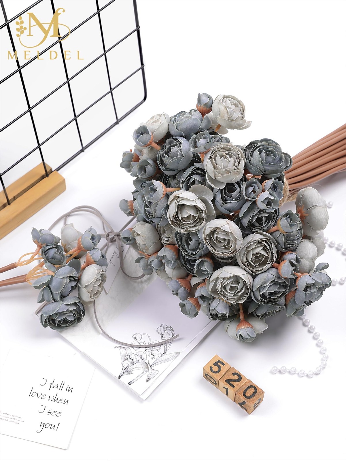 32 PCS Ranunculus Artificial Flower Dusty Blue Mini Rose Faux Fake Peony