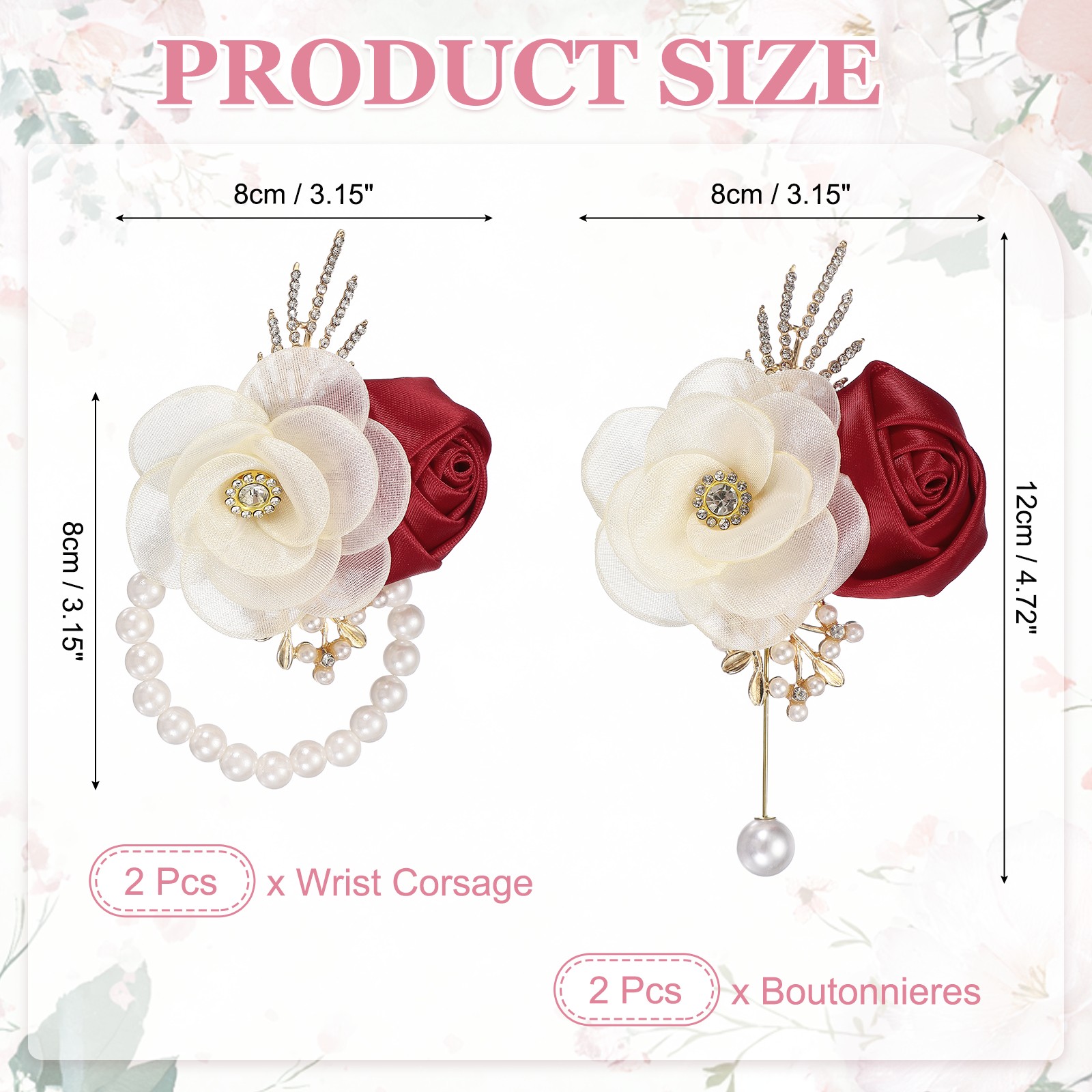 2 Sets Wrist Corsage and Boutonnieres Set for Wedding Groom Bride, Burgundy