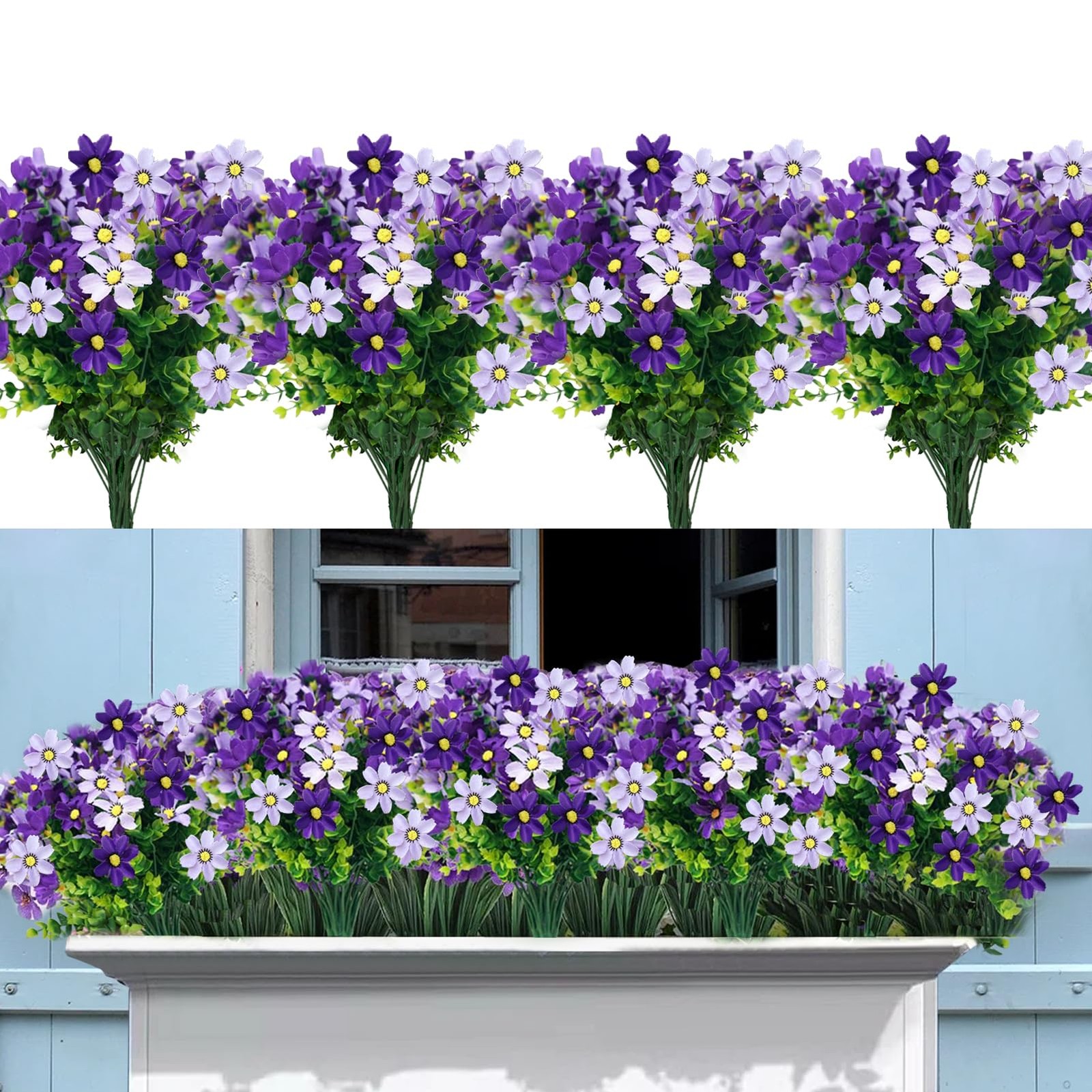 Artificial Flowers Outdoo, 4 Bundles Purple Faux Silk Daisy UV Resistant, Rea…