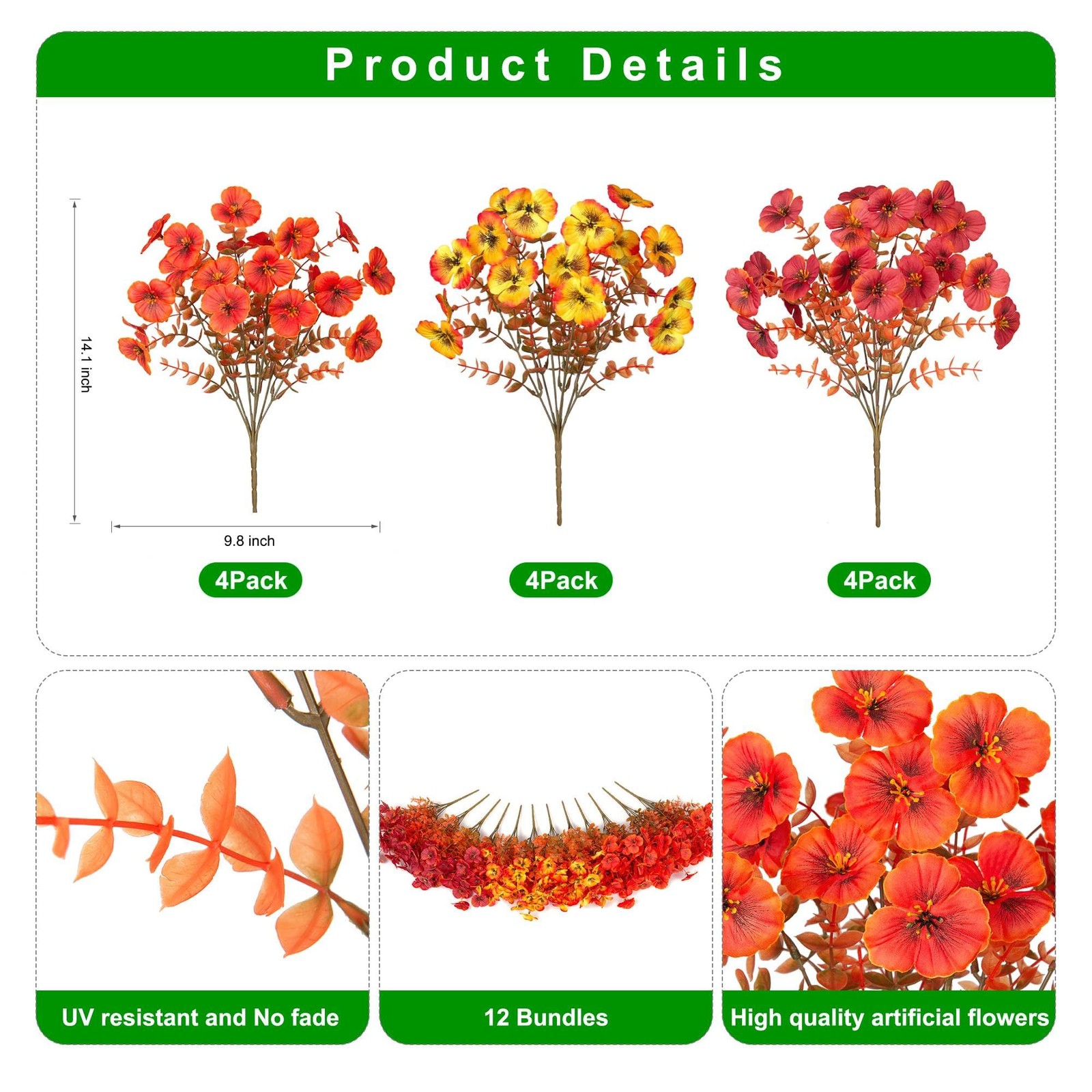 INQCMY Artificial Fall Flowers Faux Pansies Mums 12 Bundle 14″ Red Orange Yellow