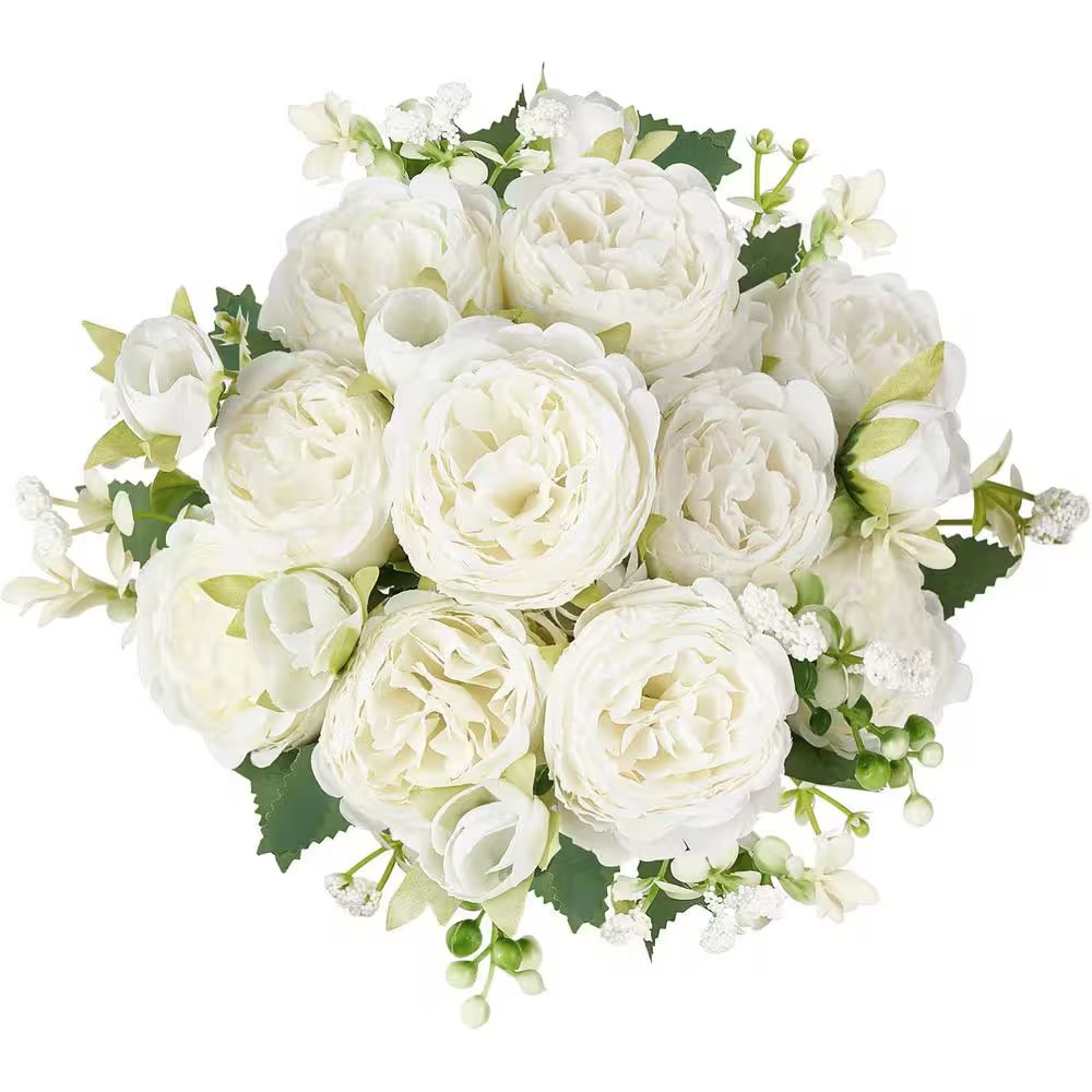 12.6 In. White Indoor Artificial Peony Flowers in Silk Bouquets for Home Decor