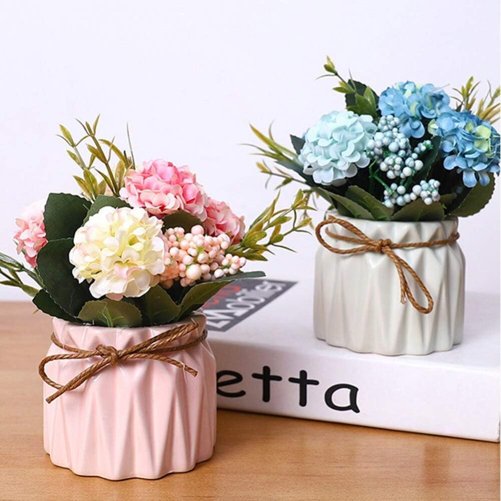 Fake Hydrangeas with Pot, Mini Hydrangea Artificial Flowers Artificial Plant in