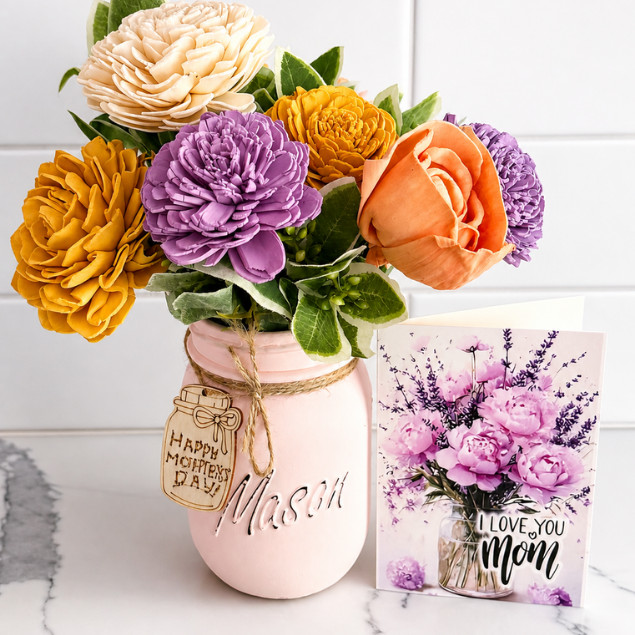 Sola Wood Floral Arrangement 16oz Mason Jar, Personalised Custom Home Decor Gift