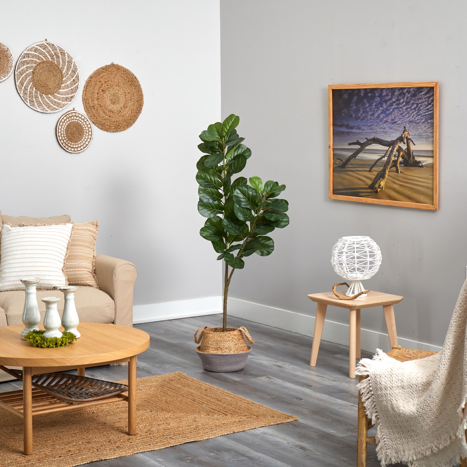 Nearly Natural 4.5ft Fiddle Leaf Fig Tree w/ Cotton & Jute White Woven