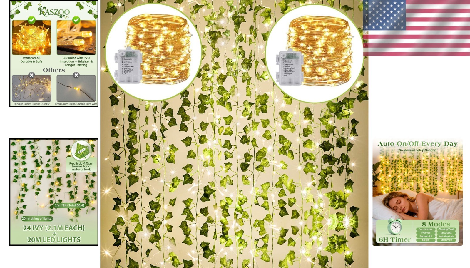 Outdoor Waterproof Ivy Garland 82-Inch with 160 Warm White LED Lights – 24 Pack