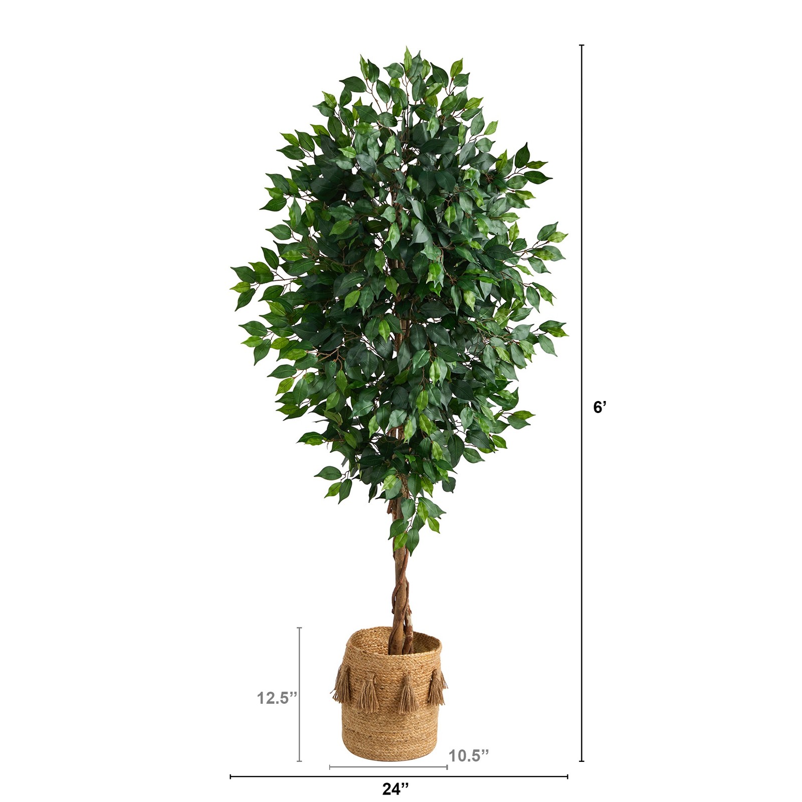 Nearly Natural 6ft Ficus Tree w/Natural Trunk in Handmade Jute Planter w/Tassels