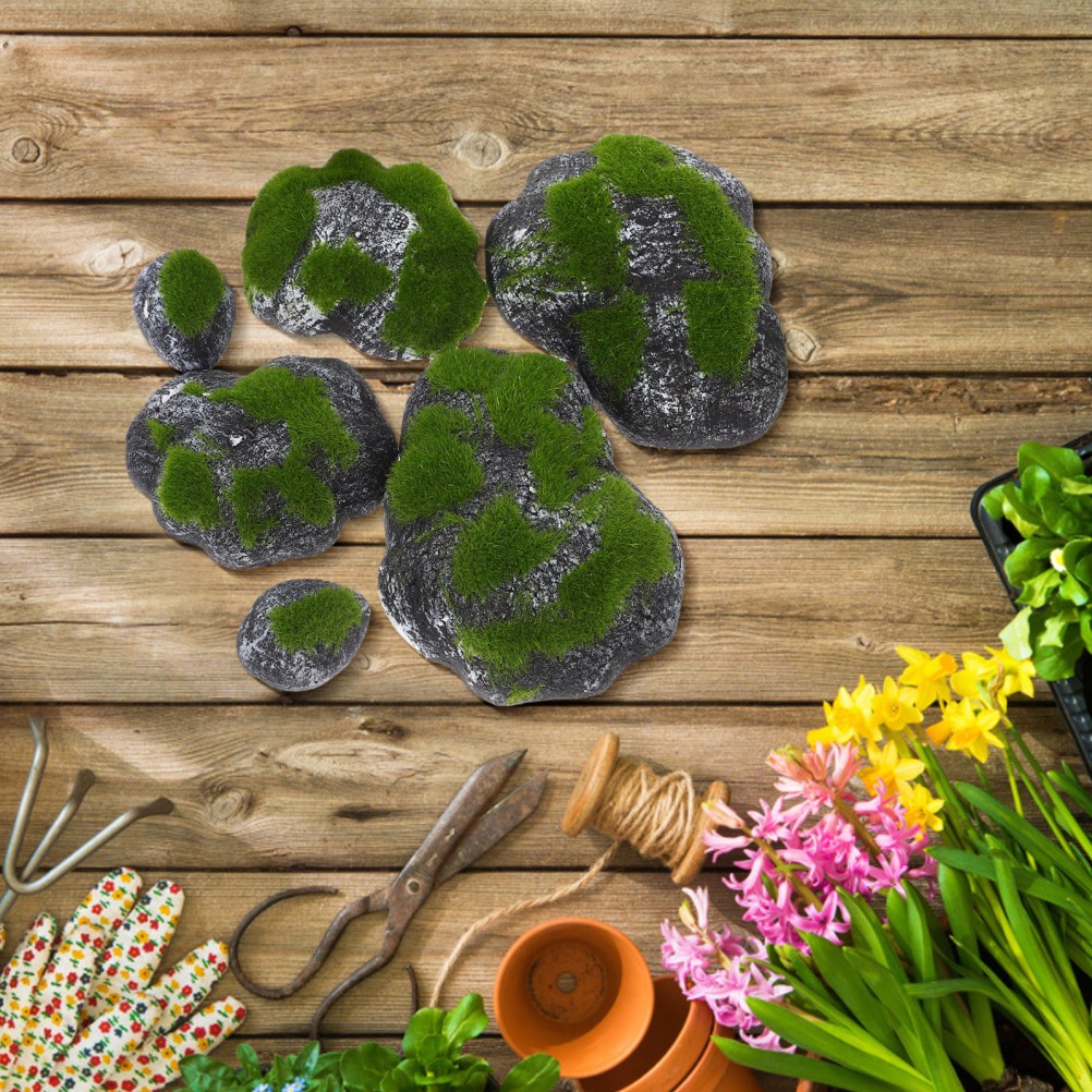 1 Set Artificial Moss Stones Faux Green Moss Covered Rocks Decorative Stones