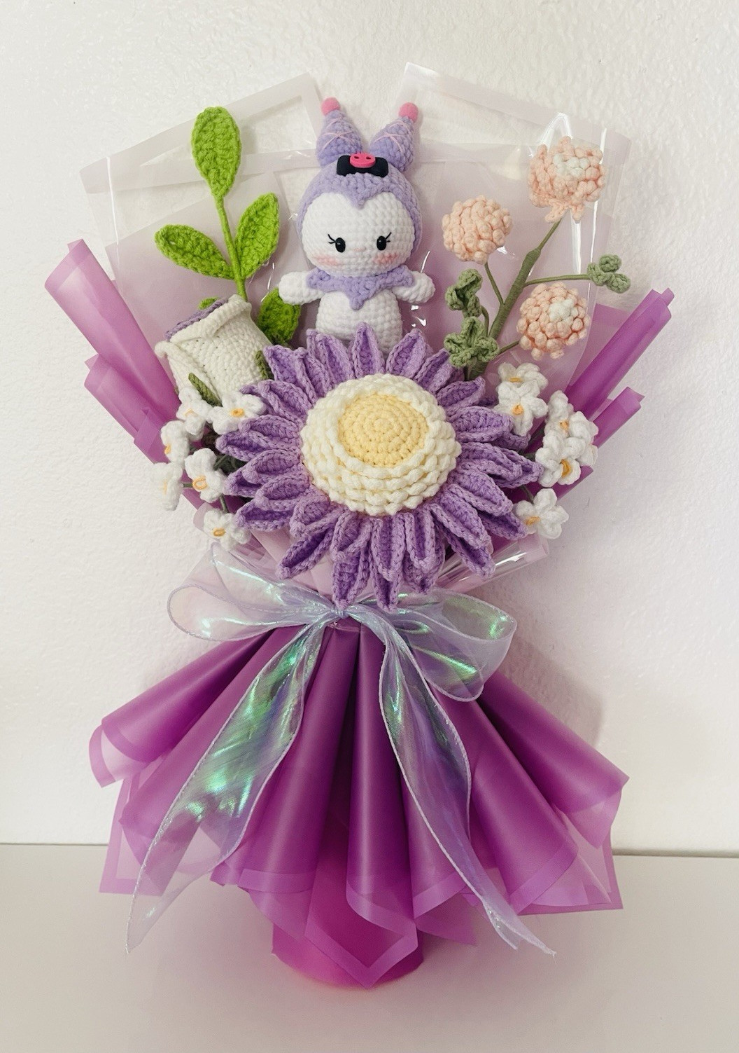 Handmade Crochet Daisy Flower Bouquet Arrangement w/ Character Doll, 18 in