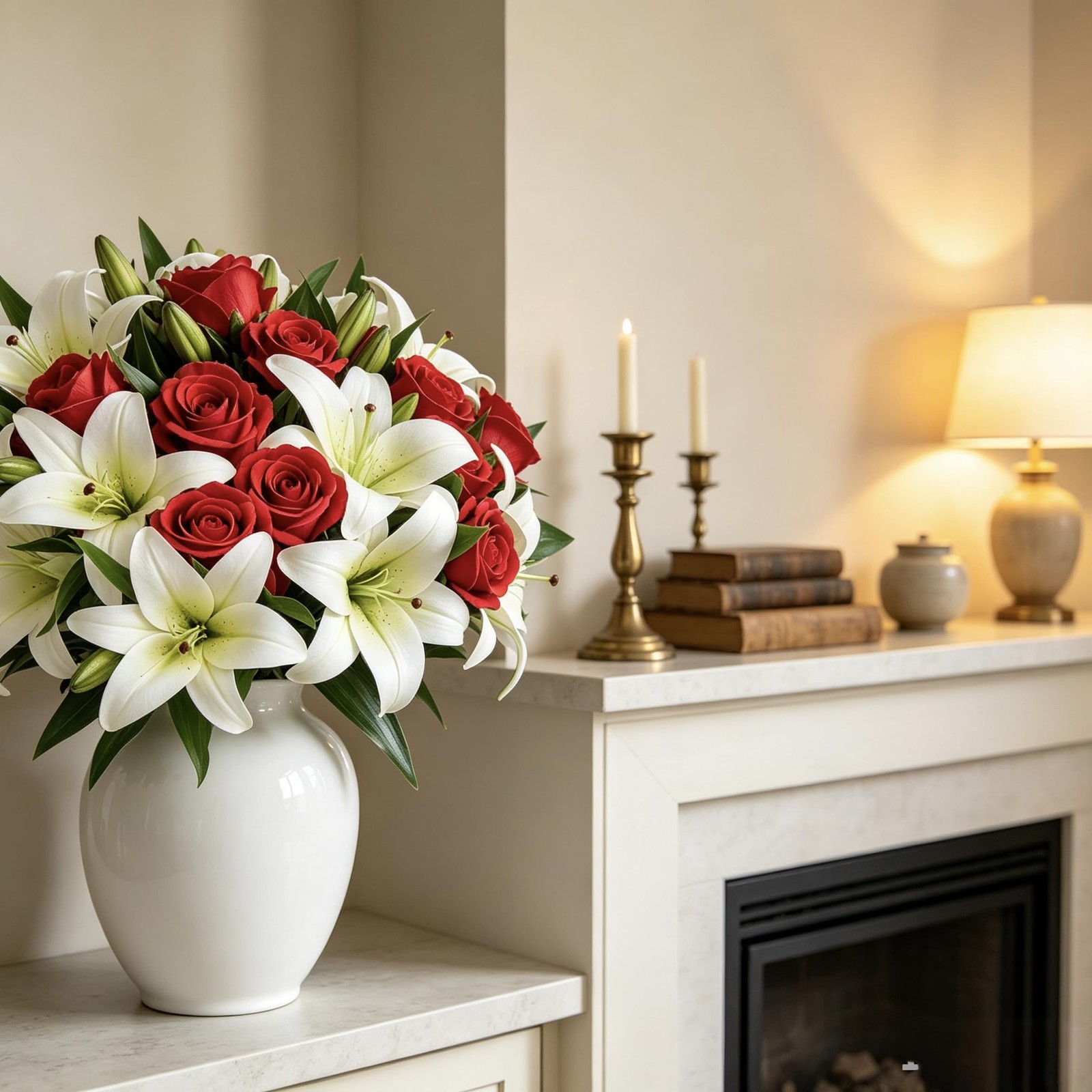 Artificial Flower Arrangement Lilies Velvet Roses Bouquet 22 Pcs Red White