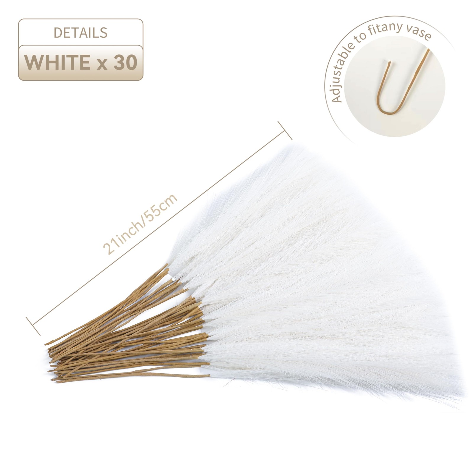 30pcs 22″ White Pampas Grass – Faux Pampas Grass Decor Short Artificial Pampa…