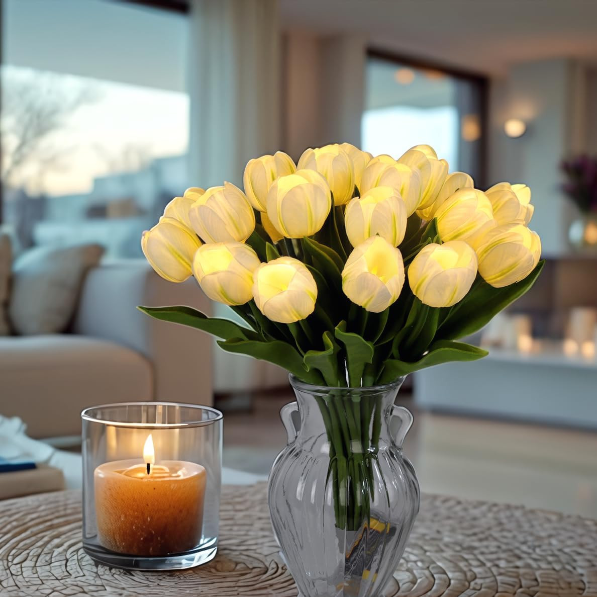 20 LED Lighted Faux Tulip Flowers for Home Decor – White, Valentine’s & Easter