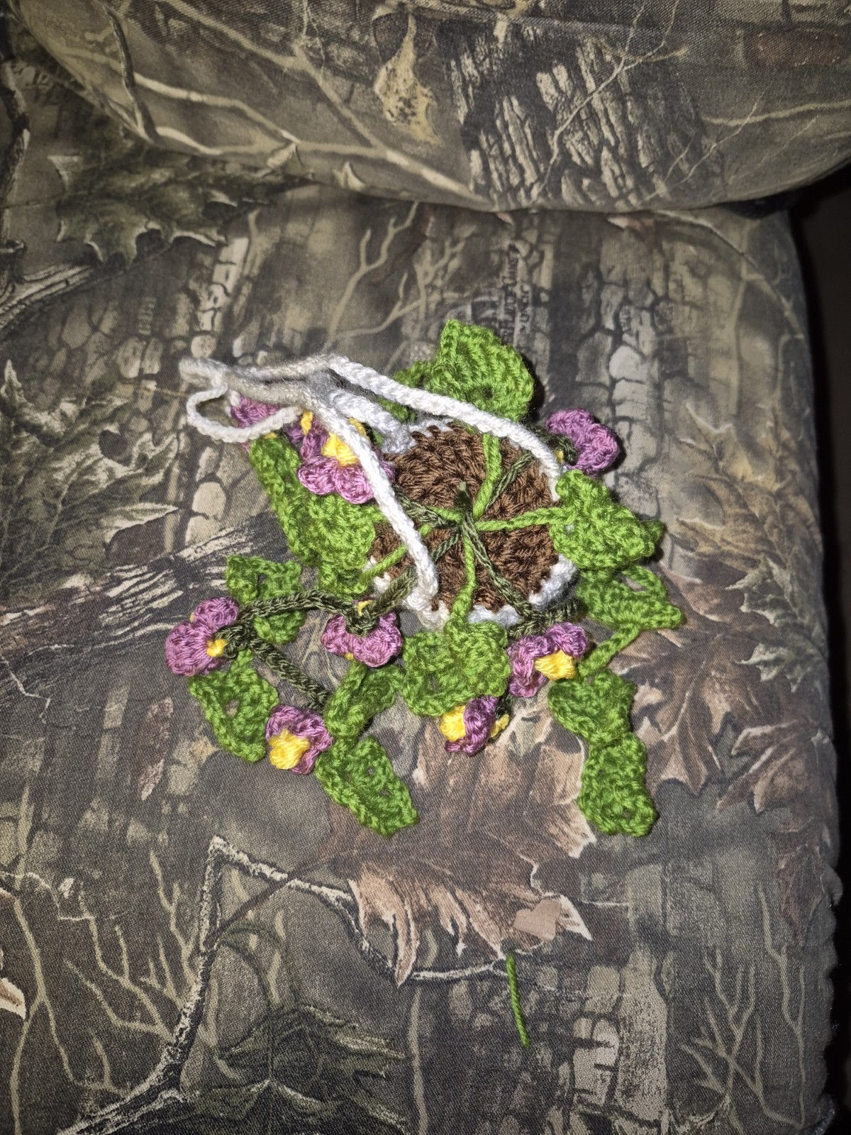 Crochet Yarn Artificial Hanging Plant, Green Leaves Purple Yellow White Flowers