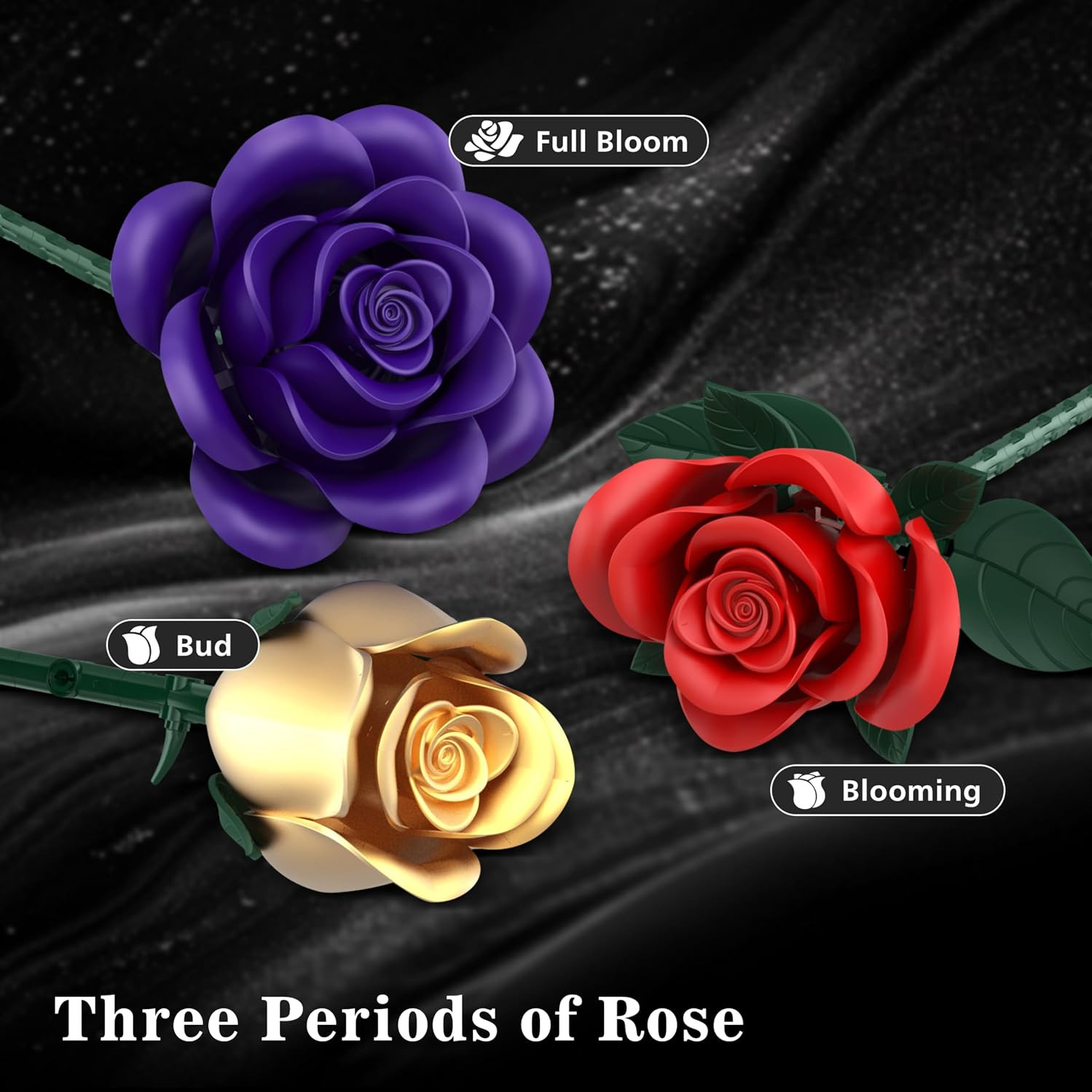 Rose Bouquet Flowers Building Set, 501Pcs Red Purple Golden Roses Artificial