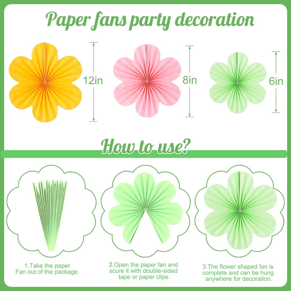 18 PCS Paper Fans Flowers Party Decor Floral Wall Backdrop Pink Green Yellow